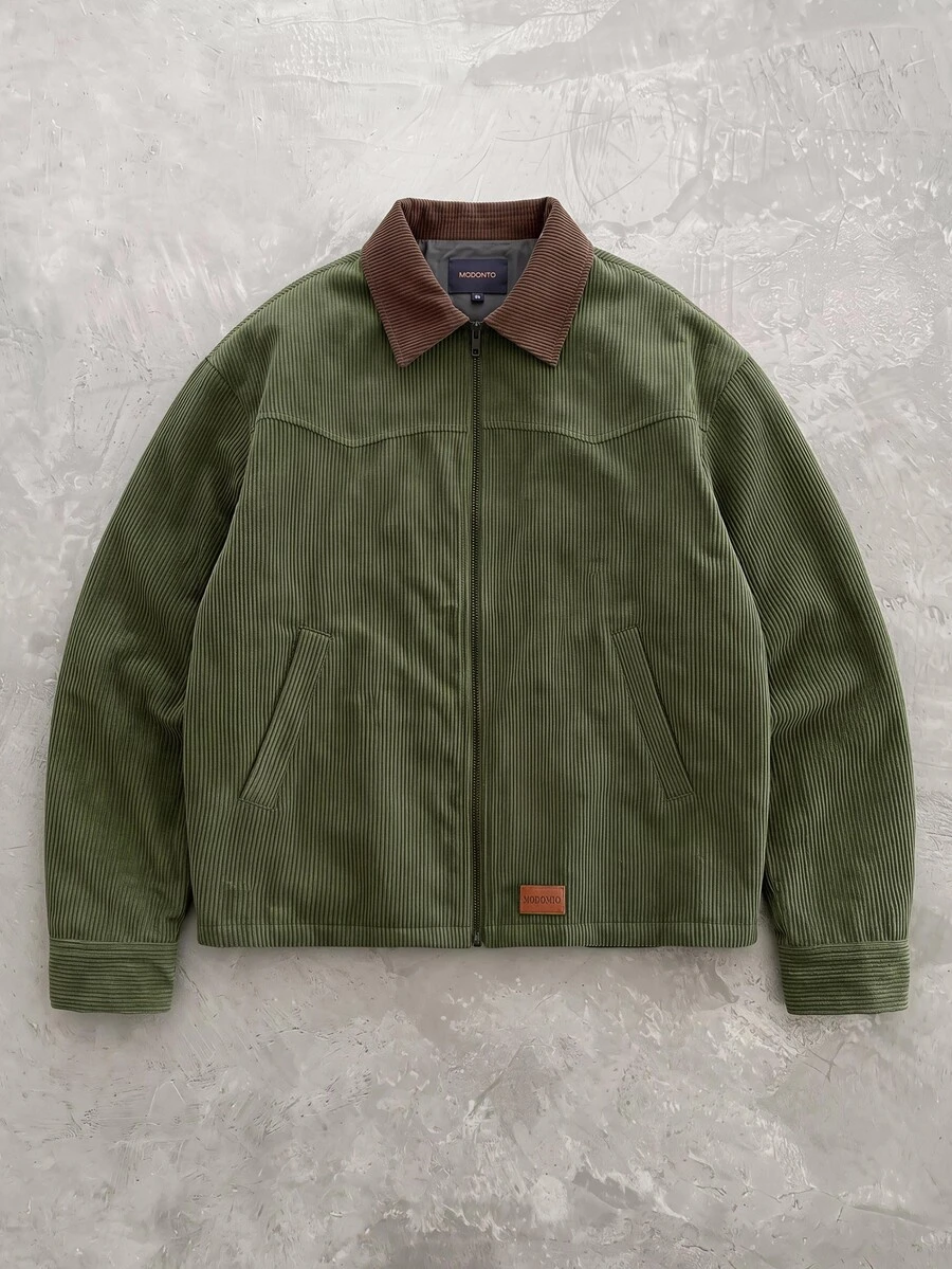 HIMLAND Men's Woven Fitted Shoulder Colorblock Patchwork Long Sleeve Casual Retro Jacket, Suitable For Autumn/Winter Hiking Hunting Olive Green, Streetwear, Corduroy - Army Green - View 1