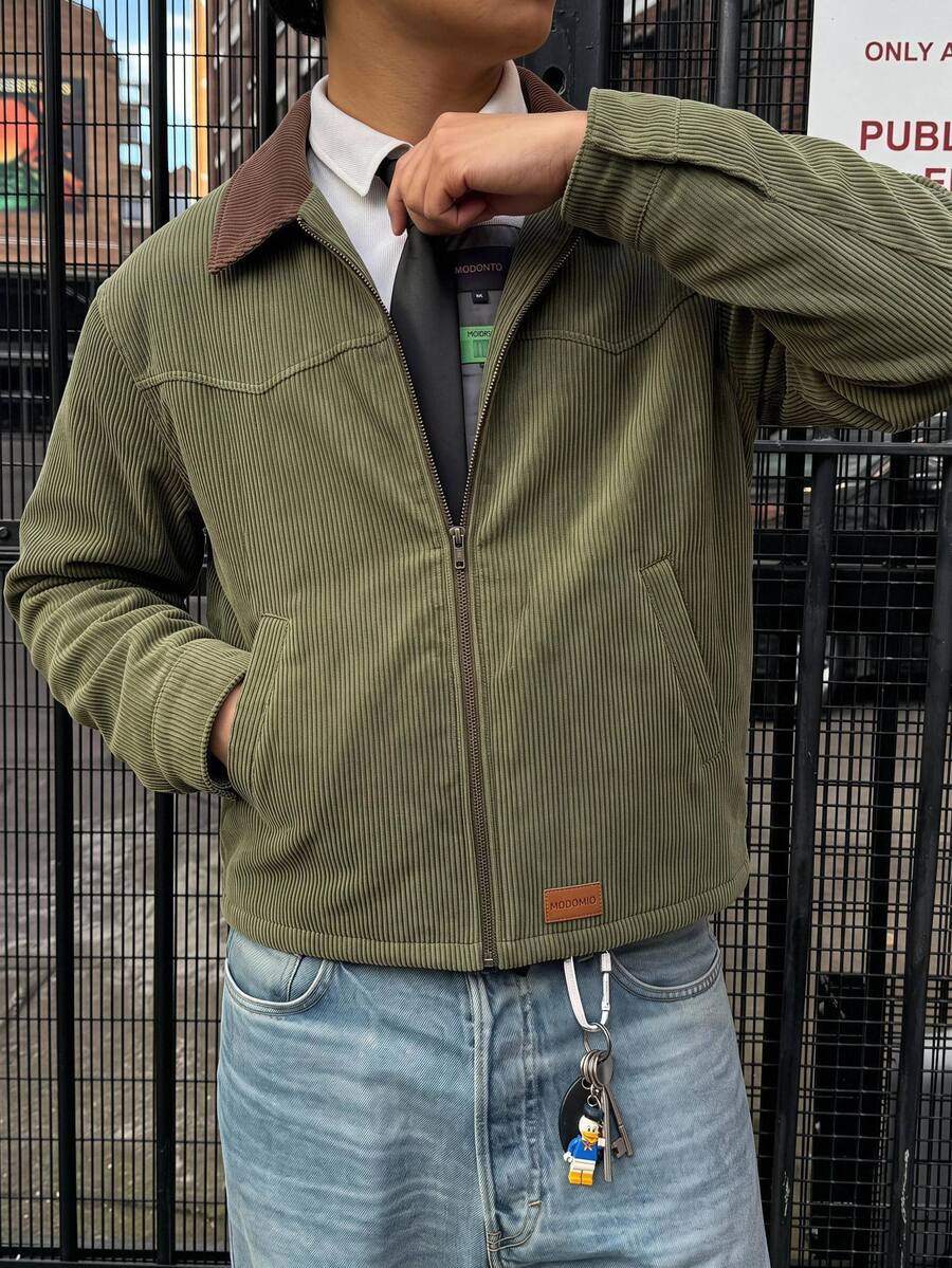 HIMLAND Men's Woven Fitted Shoulder Colorblock Patchwork Long Sleeve Casual Retro Jacket, Suitable For Autumn/Winter Hiking Hunting Olive Green, Streetwear, Corduroy - Army Green - View 1
