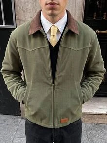 HIMLAND Men's Woven Fitted Shoulder Colorblock Patchwork Long Sleeve Casual Retro Jacket, Suitable For Autumn/Winter Hiking Hunting Olive Green, Streetwear, Corduroy - Army Green - View 8