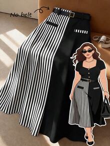 GlowEve CURVE Plus Size Women's Spring/Summer Minimalist Fashion Business Black & White Striped Patchwork A-Line Skirt, Versatile For Business, Commuting, Shopping And Daily Wear - Black and White - View 7