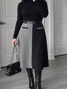 GlowEve CURVE Plus Size Women's Spring/Summer Minimalist Fashion Business Black & White Striped Patchwork A-Line Skirt, Versatile For Business, Commuting, Shopping And Daily Wear - Black and White - View 8