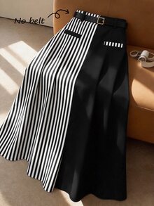 GlowEve CURVE Plus Size Women's Spring/Summer Minimalist Fashion Business Black & White Striped Patchwork A-Line Skirt, Versatile For Business, Commuting, Shopping And Daily Wear - Black and White - View 1