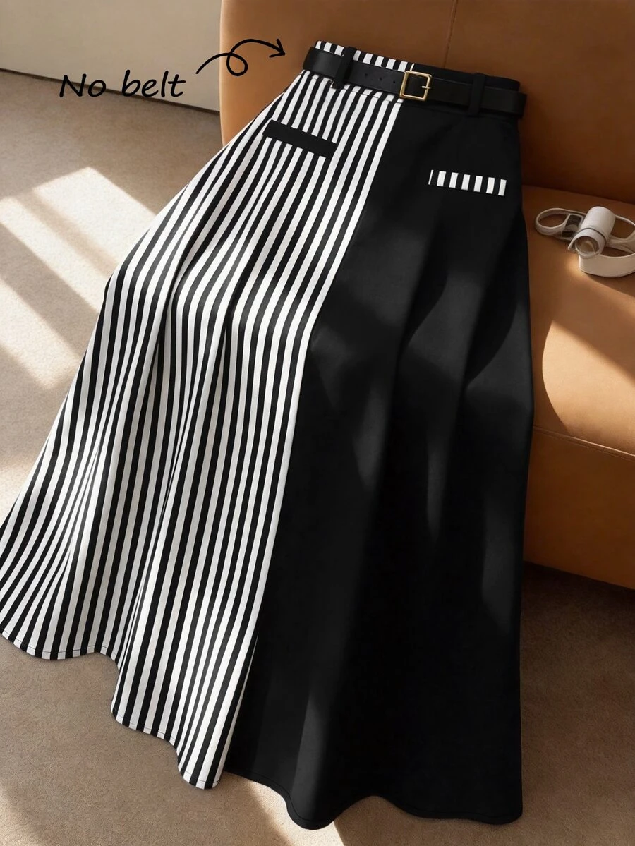 GlowEve CURVE Plus Size Women's Spring/Summer Minimalist Fashion Business Black & White Striped Patchwork A-Line Skirt, Versatile For Business, Commuting, Shopping And Daily Wear - Black and White - View 1