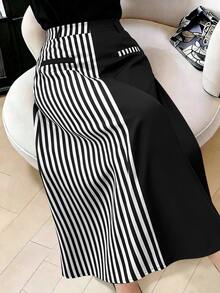 GlowEve CURVE Plus Size Women's Spring/Summer Minimalist Fashion Business Black & White Striped Patchwork A-Line Skirt, Versatile For Business, Commuting, Shopping And Daily Wear - Black and White - View 6