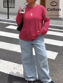 Muchica 大尺碼圓領紅白條紋拼接休閒學院風百搭日常穿著正式度假開學秋季T恤 - 紅白色 - 查看 6
