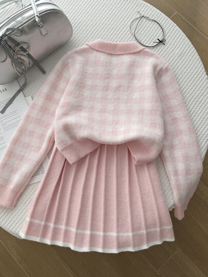 SHEIN 2 件套女童针织服装，粉色可爱刺绣兔子格子毛衣 + 针织迷你裙，少女长袖 V 领套头衫，秋冬休闲优雅风格