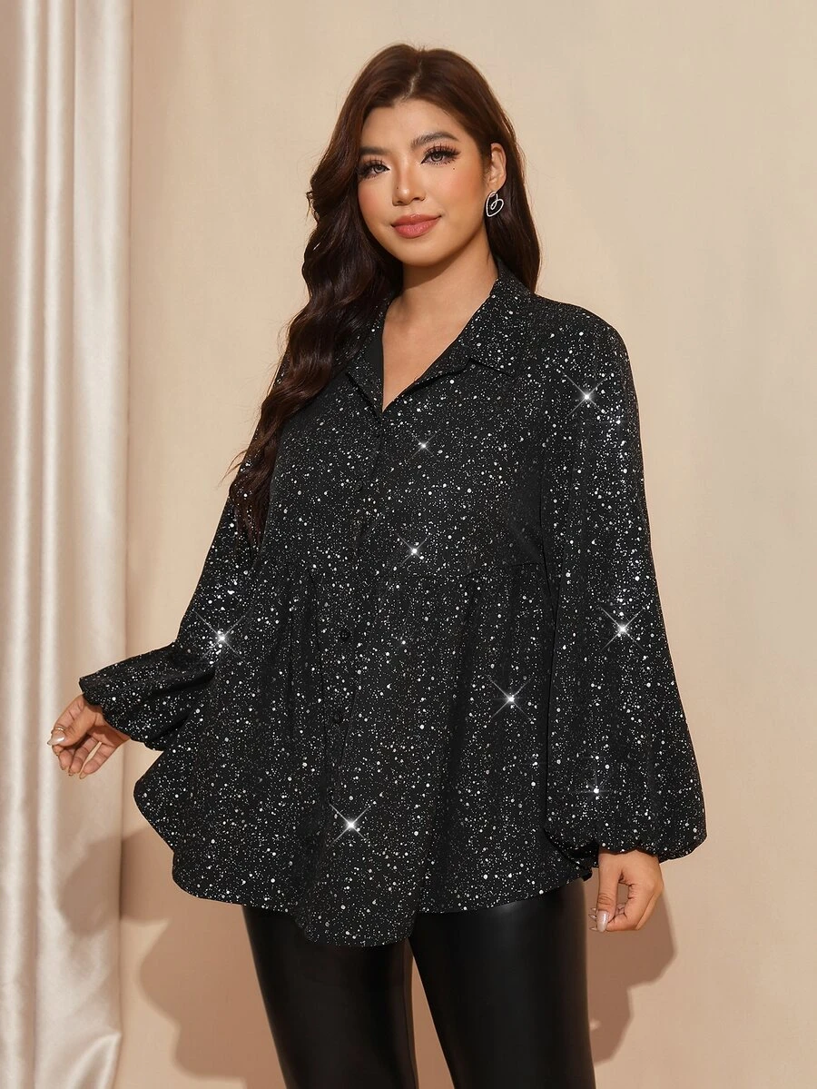 Comfylo Plus Size Women's Turn Collar Long Sleeve Shiny Fashion Blouse - Black - View 1