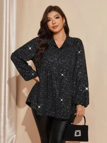 Comfylo Plus Size Women's Turn Collar Long Sleeve Shiny Fashion Blouse - Black - View 1