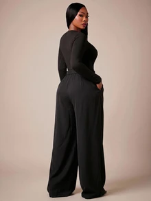 Radiana Curve 女款大尺碼新款極簡廓形層次設計高腰垂墜寬腿西裝褲，百搭百用，適合日常休閒外出、購物、聚會、度假、海灘、約會、生日、畢業禮服、海島、老錢風服飾、通勤、辦公室、音樂節、家庭派對、派對 - 黑色 - 查看 5