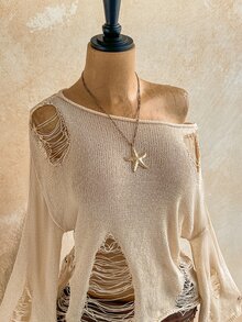 Soleia Plus Size Women Solid Color Asymmetrical Shoulder Distressed Drop Shoulder Long Sleeve Pullover Sweater - Multicolor - View 7