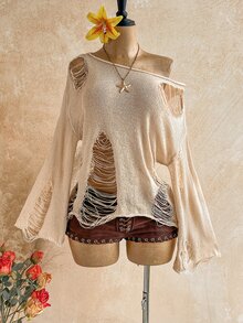 Soleia Plus Size Women Solid Color Asymmetrical Shoulder Distressed Drop Shoulder Long Sleeve Pullover Sweater - Multicolor - View 6