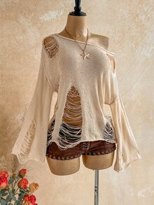 Soleia Plus Size Women Solid Color Asymmetrical Shoulder Distressed Drop Shoulder Long Sleeve Pullover Sweater - Multicolor - View 5