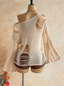 Soleia Plus Size Women Solid Color Asymmetrical Shoulder Distressed Drop Shoulder Long Sleeve Pullover Sweater - Multicolor - View 2