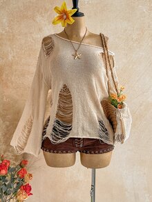 Soleia Plus Size Women Solid Color Asymmetrical Shoulder Distressed Drop Shoulder Long Sleeve Pullover Sweater - Multicolor - View 4