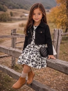 SHEIN Elladie kids 年輕女孩外套套裝 - 黑色 - 查看 4