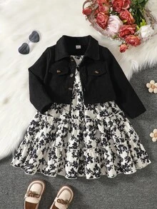 SHEIN Elladie kids 年輕女孩外套套裝 - 黑色 - 查看 7