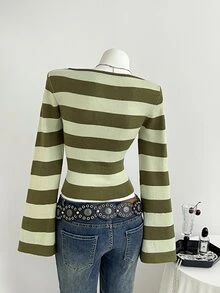 Elamini Women's Autumn/Winter Striped Colorblock Button Placket Fitted Flared Sleeve Casual Knit Sweater - Army Green - View 2