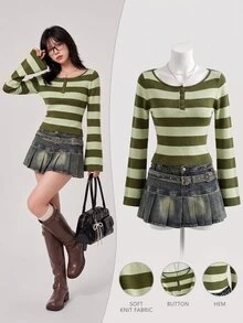 Elamini Women's Autumn/Winter Striped Colorblock Button Placket Fitted Flared Sleeve Casual Knit Sweater - Army Green - View 3