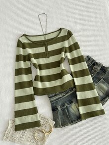 Elamini Women's Autumn/Winter Striped Colorblock Button Placket Fitted Flared Sleeve Casual Knit Sweater - Army Green - View 4