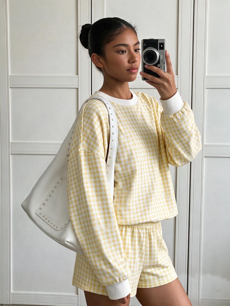 SHEIN 青少年女孩秋季套裝 2 件組 黃色與白色格紋針織落肩套頭上衣,彈性腰頭,搭配格紋短褲 - 黃色 - 查看 1