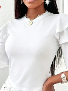 SHEIN LUNE Women's Elegant Solid Color Ruffle Hem T-Shirt, Summer - White - View 4