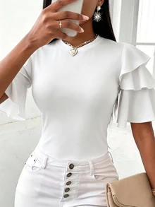 SHEIN LUNE Women's Elegant Solid Color Ruffle Hem T-Shirt, Summer - White - View 3