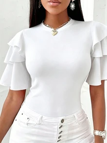 SHEIN LUNE Women's Elegant Solid Color Ruffle Hem T-Shirt, Summer - White - View 1
