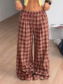 Coolane 女款秋季保暖休閒 70 年代風格優雅灰色格紋彈性抽繩腰寬鬆寬腿舒適居家長褲 感恩節 - 酒紅色 - 查看 6