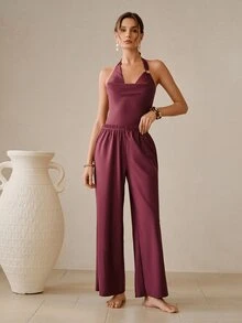 Swim Oasis Women's Sexy Solid Color Draped Neck Backless One-Piece Swimsuit With Wide Leg Loose Straight Pants, Suitable For Summer Vacation - Burgundy - View 6