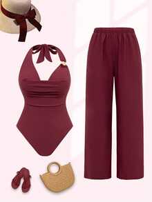 Swim Oasis Women's Sexy Solid Color Draped Neck Backless One-Piece Swimsuit With Wide Leg Loose Straight Pants, Suitable For Summer Vacation - Burgundy - View 1