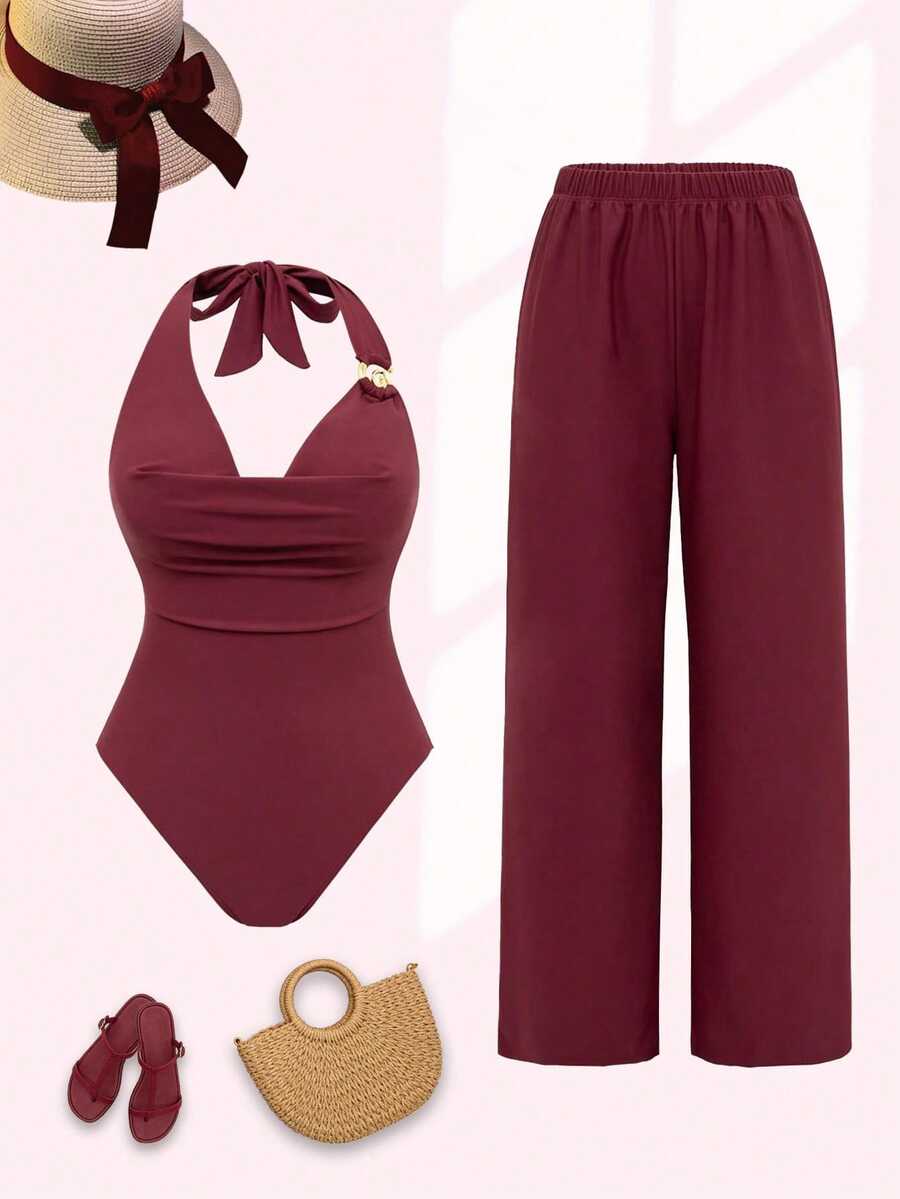 Swim Oasis Women's Sexy Solid Color Draped Neck Backless One-Piece Swimsuit With Wide Leg Loose Straight Pants, Suitable For Summer Vacation - Burgundy - View 1
