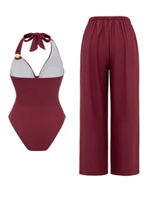 Swim Oasis Women's Sexy Solid Color Draped Neck Backless One-Piece Swimsuit With Wide Leg Loose Straight Pants, Suitable For Summer Vacation - Burgundy - View 2