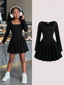 SHEIN Tween Girls Black Spaghetti Strap Dress With Built-In Shorts - Black - View 4