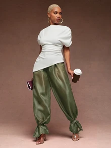 Vixey Sheer Organza High Waist Cuffed Balloon Pants - Olive Green - View 3
