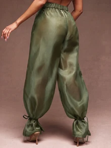 Vixey Sheer Organza High Waist Cuffed Balloon Pants - Olive Green - View 4
