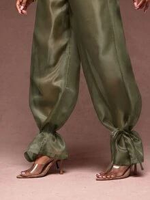 Vixey Sheer Organza High Waist Cuffed Balloon Pants - Olive Green - View 5