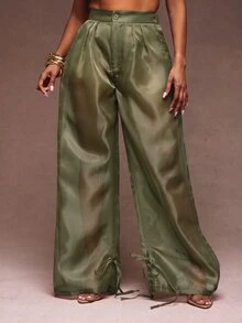 Vixey Sheer Organza High Waist Cuffed Balloon Pants - Olive Green - View 2