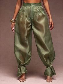 Vixey Sheer Organza High Waist Cuffed Balloon Pants - Olive Green - View 1