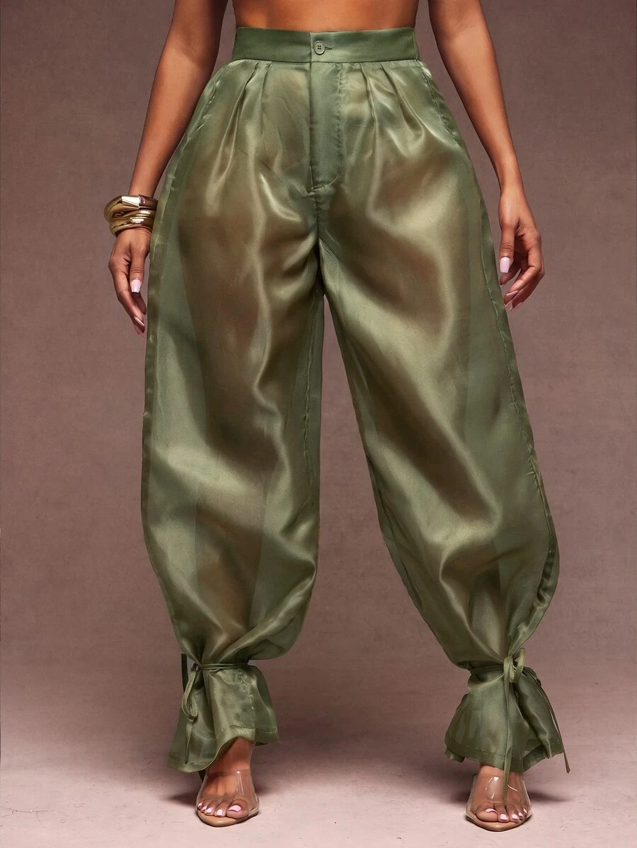 Vixey Sheer Organza High Waist Cuffed Balloon Pants - Olive Green - View 1