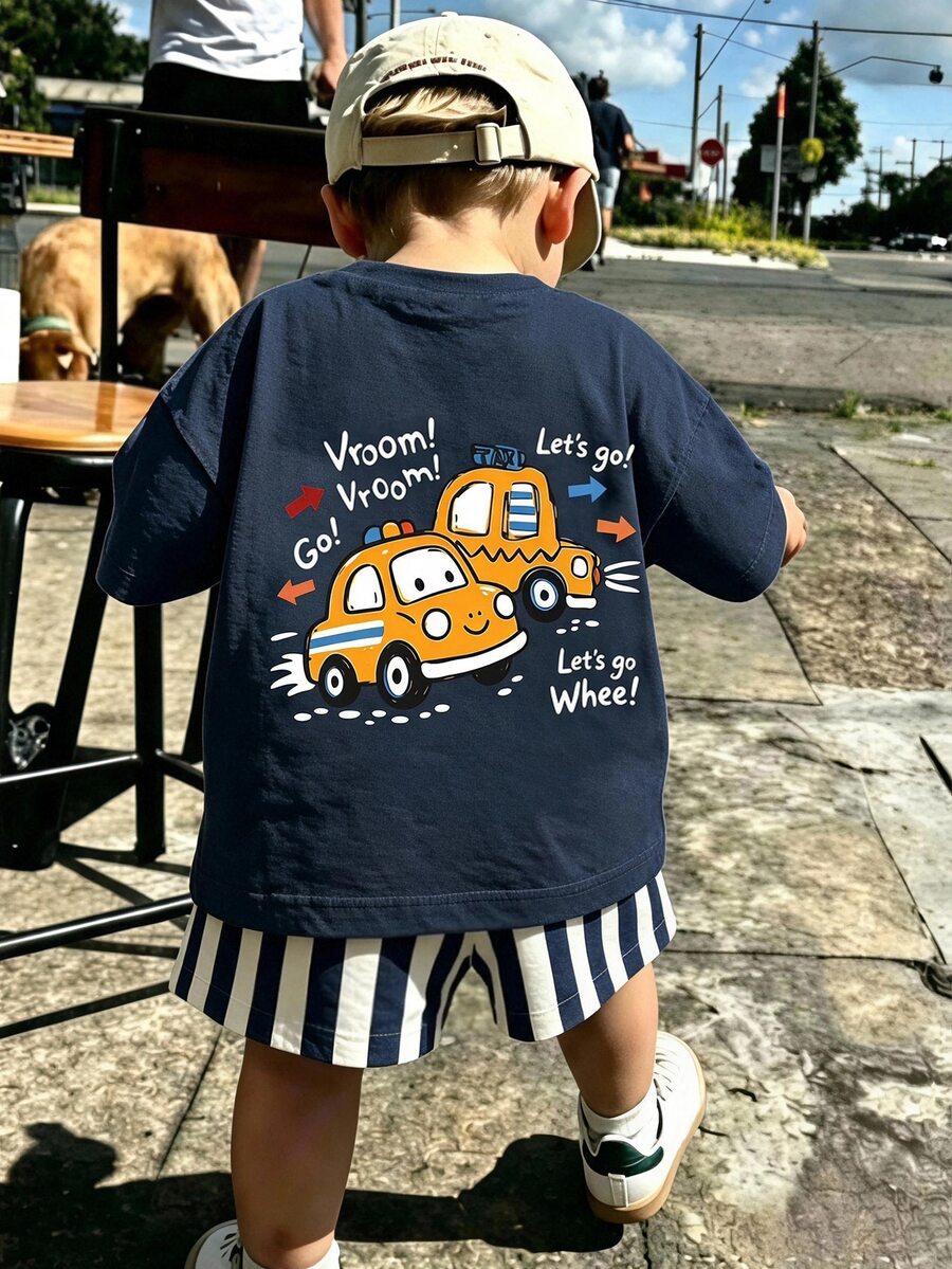 男嬰休閒簡約上衣,卡通小車圖案,適合春夏穿著 - 彩色 - 查看 1