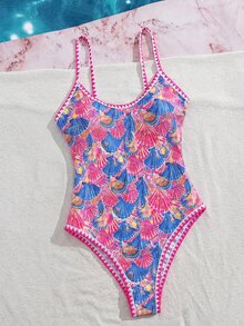 SHEIN Swim 夏季新款歐美風性感高衩紅色幸運魚印花拼色細肩帶貝殼飾邊小胸聚攏雙肩帶性感連身泳衣，適合女性與女孩，甜美清新顯瘦，適用溫泉、海灘、度假、生日派對 - 彩色 - 查看 4