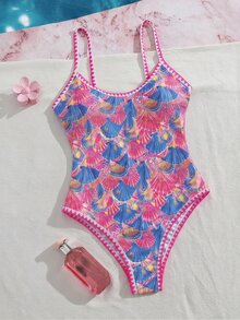 SHEIN Swim 夏季新款歐美風性感高衩紅色幸運魚印花拼色細肩帶貝殼飾邊小胸聚攏雙肩帶性感連身泳衣，適合女性與女孩，甜美清新顯瘦，適用溫泉、海灘、度假、生日派對 - 彩色 - 查看 3