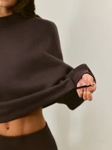 GLOWMODE Cozy Street Collection Everyday Fleece Whole Lotta Cozy 寬螺紋立領運動衫，可調式下擺，日常休閒秋冬穿著 - 棕色 - 查看 5
