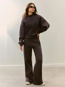 GLOWMODE Cozy Street Collection Everyday Fleece Whole Lotta Cozy 寬螺紋立領運動衫，可調式下擺，日常休閒秋冬穿著 - 棕色 - 查看 7