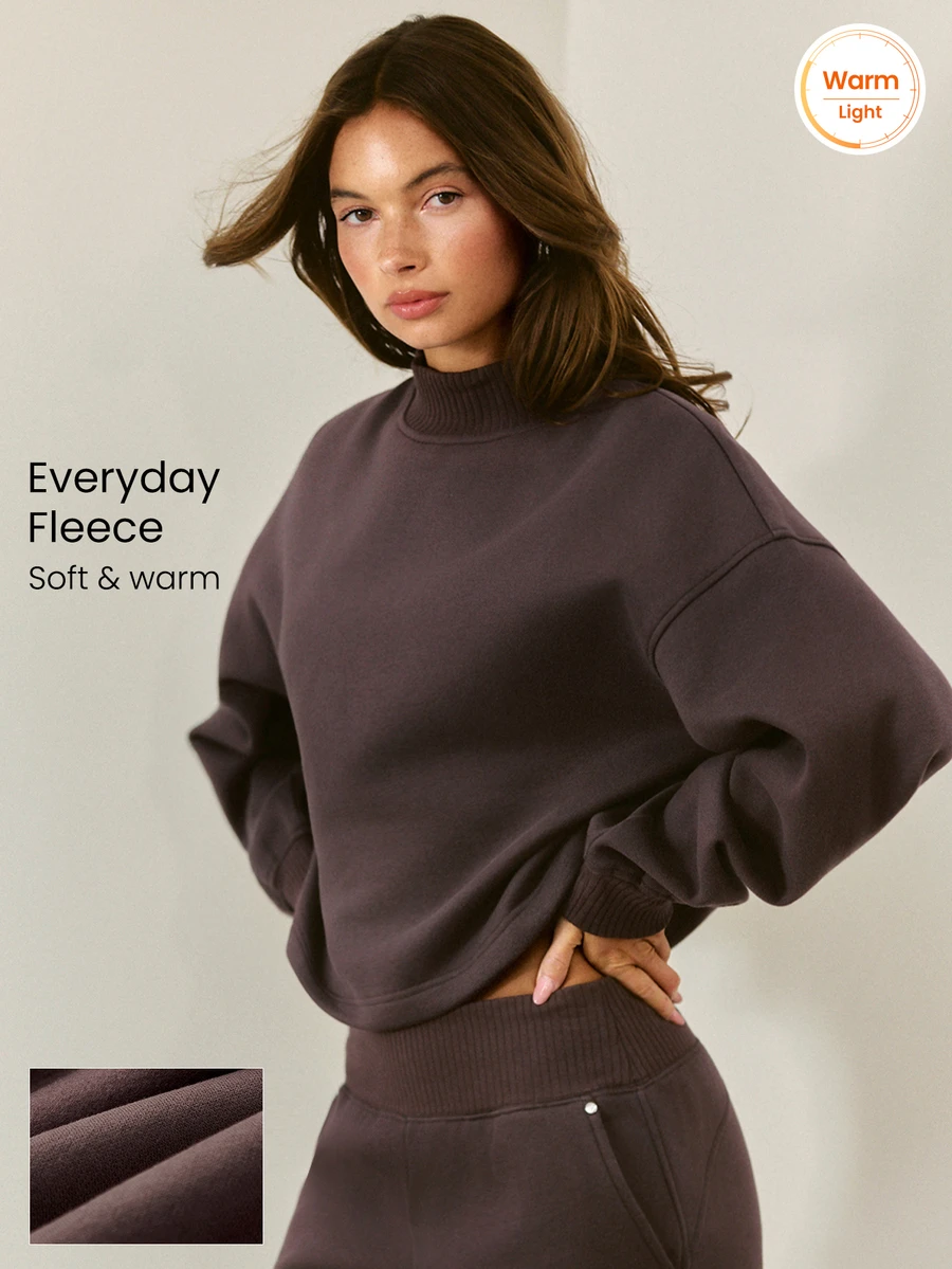 GLOWMODE Cozy Street Collection Everyday Fleece Whole Lotta Cozy 寬螺紋立領運動衫，可調式下擺，日常休閒秋冬穿著 - 棕色 - 查看 1