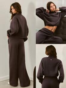 GLOWMODE Cozy Street Collection Everyday Fleece Whole Lotta Cozy 寬螺紋立領運動衫，可調式下擺，日常休閒秋冬穿著 - 棕色 - 查看 8