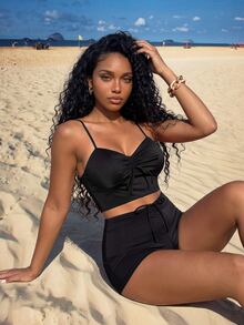 Vaytide Summer Beach Knot Front Shorts Bikini - Black - View 1