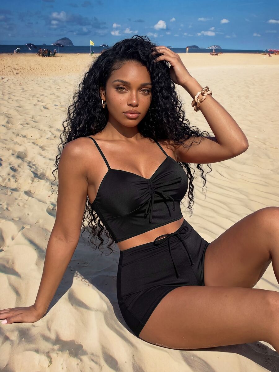 Vaytide Summer Beach Knot Front Shorts Bikini - Black - View 1