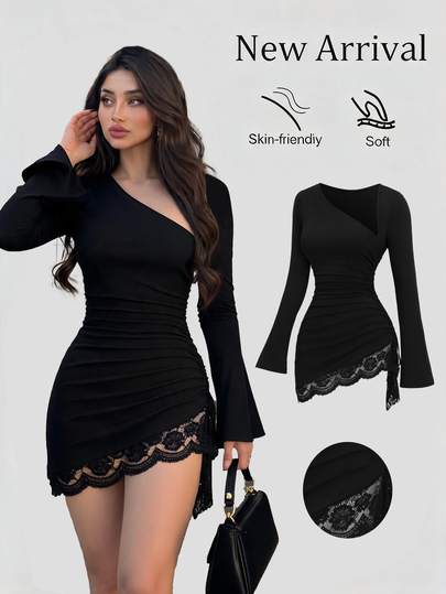 Sweetra Women's Elegant Sexy Goth Fashion High-End Asymmetrical Pleated Design Long Sleeve Black Mini Dress Halloween Night Out Going Out Club Autumn
