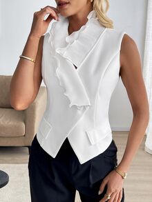 SHEIN Clasi Elegant Sleeveless Women's Shirt With White Ruffle Trim And V-Neck - White - View 7